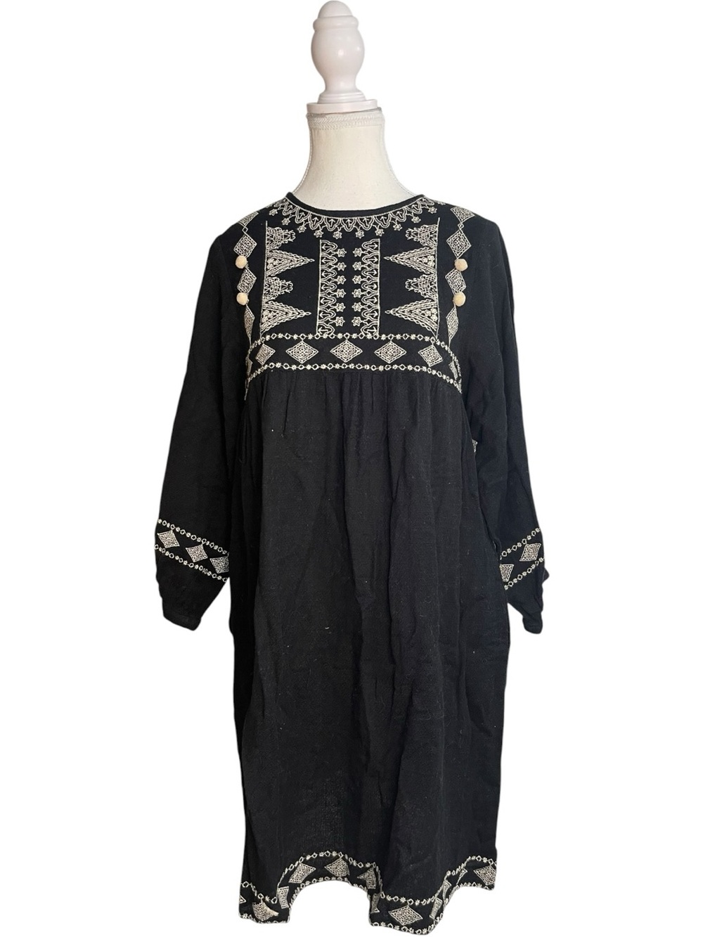Zara Embroidered Pom Boho Tunic Dress Black